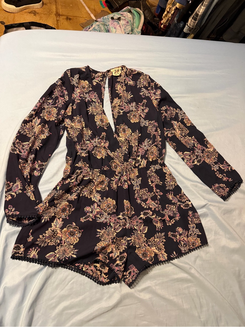 Floral Lace-Trim Long Sleeve Romper - Black with Pink & Gold Floral